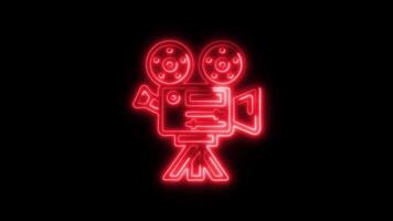 Glowing Film Camera Icon and Symbol in HD Neon Animation on Black Background video