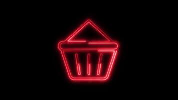 Glowing Shopping Basket Icon and Symbol in HD Neon Animation on Black Background video