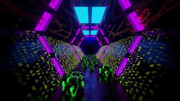 Neon hexagonal tunnel, green cubes, pixel particle walls loop. video