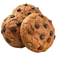 Delicious pile of textured chocolate chip cookies with assorted chips, isolated on a transparent background. png