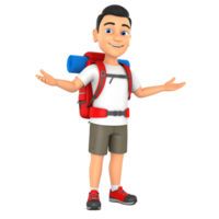 Smiling cartoon male backpacker character and hand gestures 3D Icon png