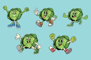 Set of funny cabbage vegetable 70s retro comic cartoon characters vector