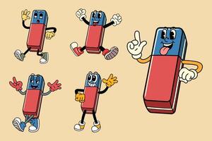 Set of Happy Red blue rubber eraser in Various Poses Character Cartoon Illustration Retro style vector