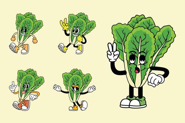 Set of funny lettuce vegetable vintage cartoon characters