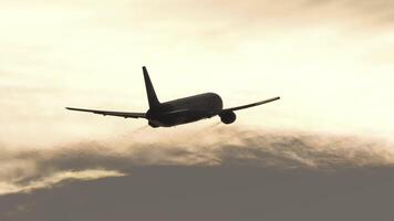 Passenger jet taking off against colorful sunset sky with dramatic clouds. Great for travel and adventure themes. video