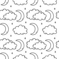 Cute seamless pattern with weather elements - clouds, stars and crescent moon. hand-drawn doodle illustration. Perfect for print, wallpaper, decorations. vector