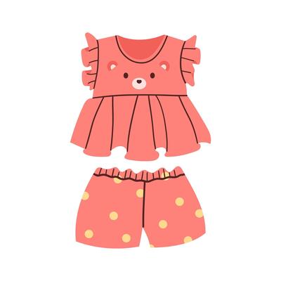 Kids and infant wear tee and short pajama night wear Girl pajamas set. Textile night clothes for kids sleepwear bedtime pajamas flat illustration isolate on white .