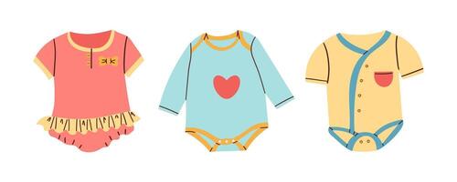 Illustration of Rompers for Babies .Baby Bodysuit flat cartoon style Isolated on White .Body children, baby shirt, onesie. Accessories, clothes for newborns. Top view illustration . vector