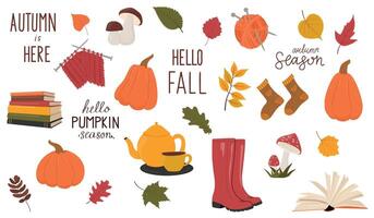 Autumn themed illustrations with pumpkins and leaves vector