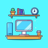 Workspace Computer With Coffee And Book Cartoon Icon Illustration. Workplace Technology Icon Concept Isolated Premium . Flat Cartoon Style vector