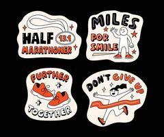 A collection of fun, motivational running-themed stickers with hand-drawn style, dynamic typography, and energetic characters, ideal for active lifestyle visuals. vector