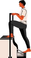 A man stepping on a pilates chair machine great for mobility, rehab, or vertical strength content. vector