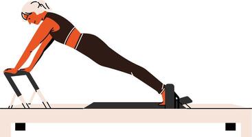 Pilates illustration of a woman stretching using a reformer machine vector