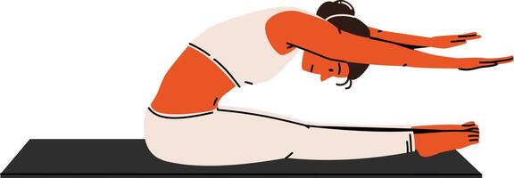 Woman stretching forward on mat in a deep pose great for yoga, flexibility, or calming content. vector
