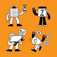 Playful mascot characters representing various creative services in studio or agency workflows, visualized with animated objects. vector