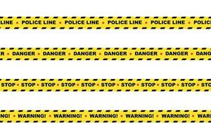 Yellow police tape with danger, stop, and warning signs, emergency situation, restricted access concept icon vector