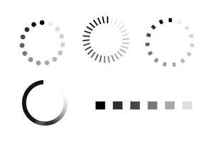 Various loading progress icons in circular and square styles, black and white gradient, UI design for web and mobile, animation icon vector