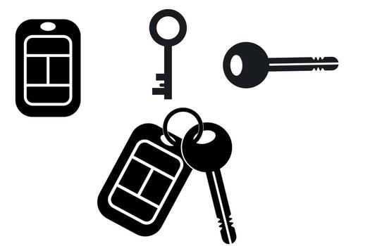 Key and keychain icon set illustration, simple black icon of a key symbol, representing security, protection, and access, isolated on white icon vector