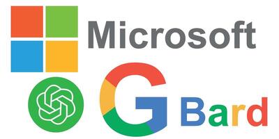 Google Bard vs Microsoft OpenAI chatbot logos comparison showing corporate logos with technology icons, artificial intelligence branding icon vector