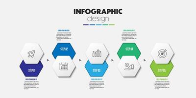 Presentation infographic template with concept business icon 5 step colorful hexagon shape vector