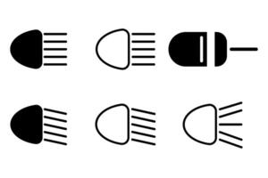 Car headlight icon set with light emission symbol, vehicle front light design, automotive illustration icon vector