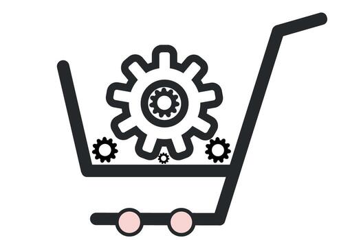 E commerce optimization icon with shopping cart and gears, symbolizing efficient shopping, system improvement, and automation in online store icon vector