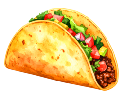 soft taco watercolor illustration with ground beef, lettuce, tomato and cheese filling on isolated background png