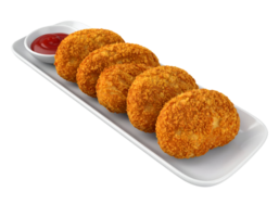 crispy golden chicken nuggets or potato croquettes arranged on long rectangular white plate with red dipping sauce on isolated background png