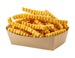 crocantes dobra cortar francês fritas servido dentro kraft papel bandeja em isolado fundo png