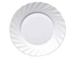 top view of white glossy porcelain plate with scalloped swirl rim, elegant ceramic dish design for fine dining on isolated background png