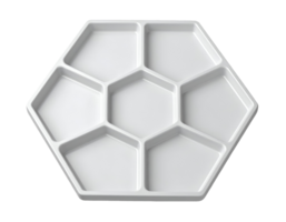 white hexagonal ceramic tray with modular pentagon compartments arranged in honeycomb pattern, modern geometric tableware for creative food styling, on isolated background png
