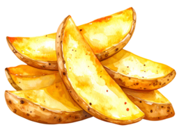 golden crispy potato wedges stacked in watercolor style, realistic fried snack food illustration on isolated background png