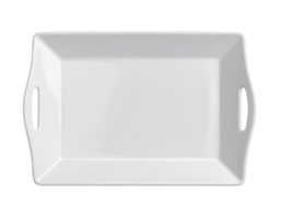 white rectangular ceramic serving plate with handles and raised corners, modern minimal tableware for elegant food presentation or catering setup, on isolated background png