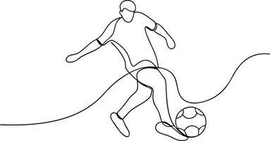 Continuous line drawing of soccer player kicking ball vector