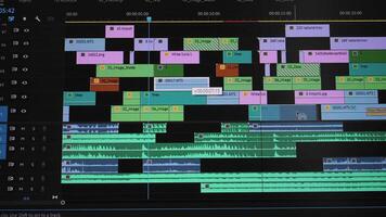 Multitrack timeline with audio and layers in editing software, Detailed view of editing interface showing stacked tracks and audio waveforms video
