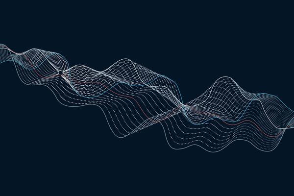 Dynamic curves of dots and lines move in harmony on a deep dark background