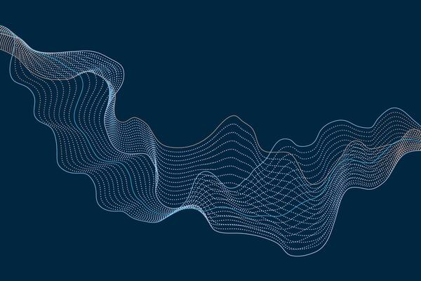 Abstract background with dynamic waves made of colorful dots and lines on a dark backdrop