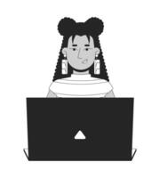 Stylish latina woman with long earrings typing laptop 2D line character. Web designer. Confident hispanic female developer coding isolated ink outline person. Monochromatic spot illustration vector