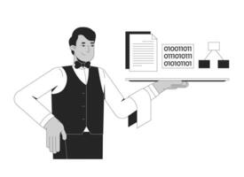 Serving up data for training AI line illustration concept. Improving language model performance. Butler holding tray with datasets outline 2D character isolated. Ink linear metaphor art vector