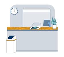 Empty bank counter with money tray 2D illustration. Teller station. Cashier interior setup. Professional banking service desk flat scene isolated on white background. Colorful cartoon image vector
