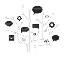 Abstract coding and communication network 2D line object. Software development. Backend processes. Speech bubbles and tech icons isolated clipart ink outline item. Monochrome spot illustration vector