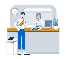 Customer depositing cash at bank teller counter 2D illustration. Foreign currency exchange. Banking cashier window booth flat characters isolated on white background. Colorful cartoon image vector