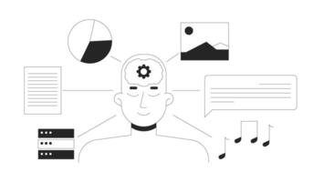 LLM training datasets line illustration concept. Large language model data inputs. Deep learning. AI brain cognitive processing outline 2D composition isolated. Ink linear metaphor art vector
