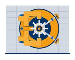Reinforced bank vault door front view 2D illustration. Safe steel mechanism. Security, wealth protection in financial strongbox flat scene isolated on white background. Colorful cartoon image vector