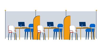 Empty modern office workstations with dividers 2D illustration. Bank interior cubicles. Organized desks with chairs, computers flat scene isolated on white background. Colorful cartoon image vector