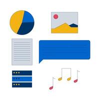 Multimedia and data elements 2D cartoon objects set. Pie chart, icon, document, speech bubble, musical notes, server isolated flat clip arts on white. Spot illustrations collection vector