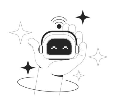 AI robot companion line illustration concept. Advanced artificial intelligence pet robotic toy. Smart AI assistant with headphones outline 2D composition isolated. Ink linear metaphor art vector