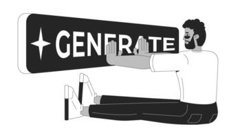 for content generation line illustration concept. Black man activating artificial intelligence with generate button outline 2D character isolated. Ink linear metaphor art vector