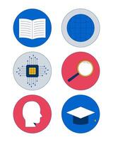 Education and technology 2D cartoon round stickers objects set. Reading, globe, AI chip, loupe, graduation cap isolated circle elements flat clip arts on white. Spot illustrations collection vector