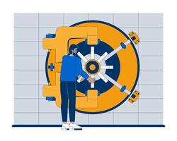 Banking employee turning handle to open bank vault door 2D illustration. Black man with access to protected financial assets flat character isolated on white background. Colorful cartoon image vector